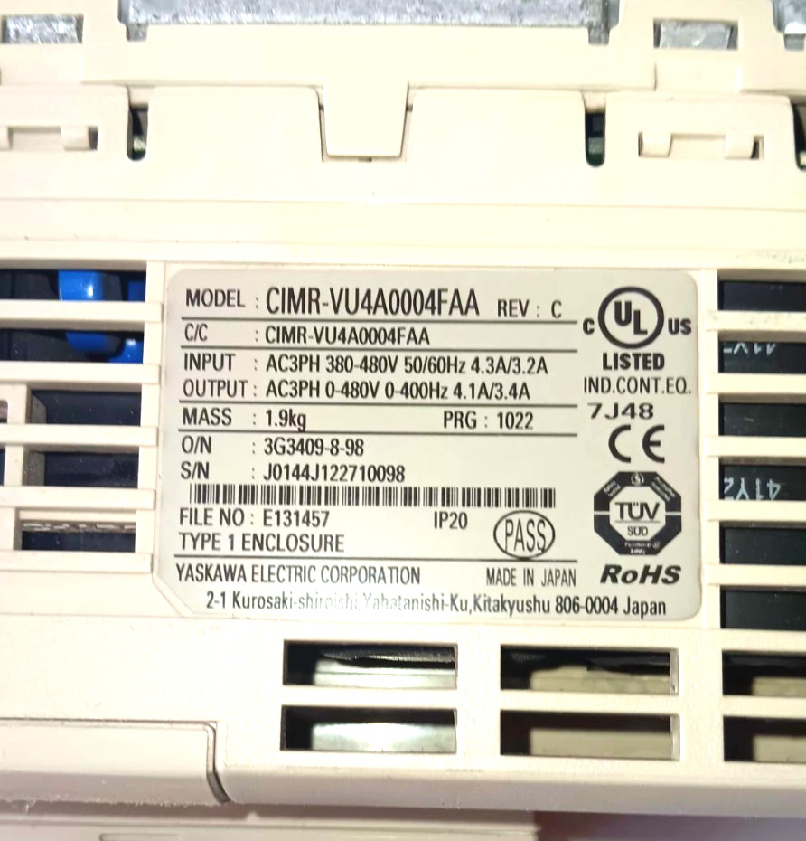 2 Hp AC Drive, Yaskawa CIMR-VU4A0004FAA, w/ SIEN3 Ethernet/IP Port