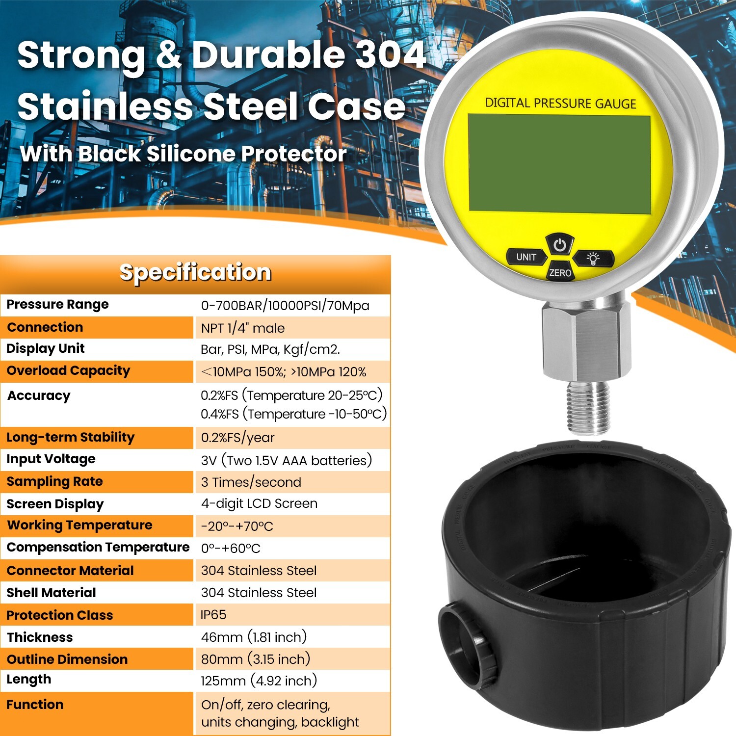 Digital Hydraulic Pressure Gauge Test Coupling Kit 700BAR/10000PSI/70Mpa 1/4-NPT