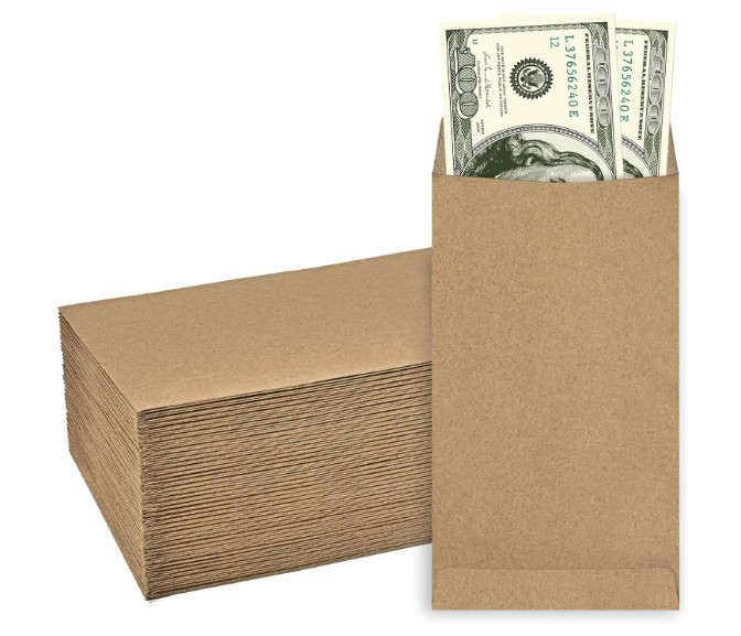 100 Pack Kraft Cash Envelopes for Budgeting, 6.7 x 3.5 Inch Large Pack