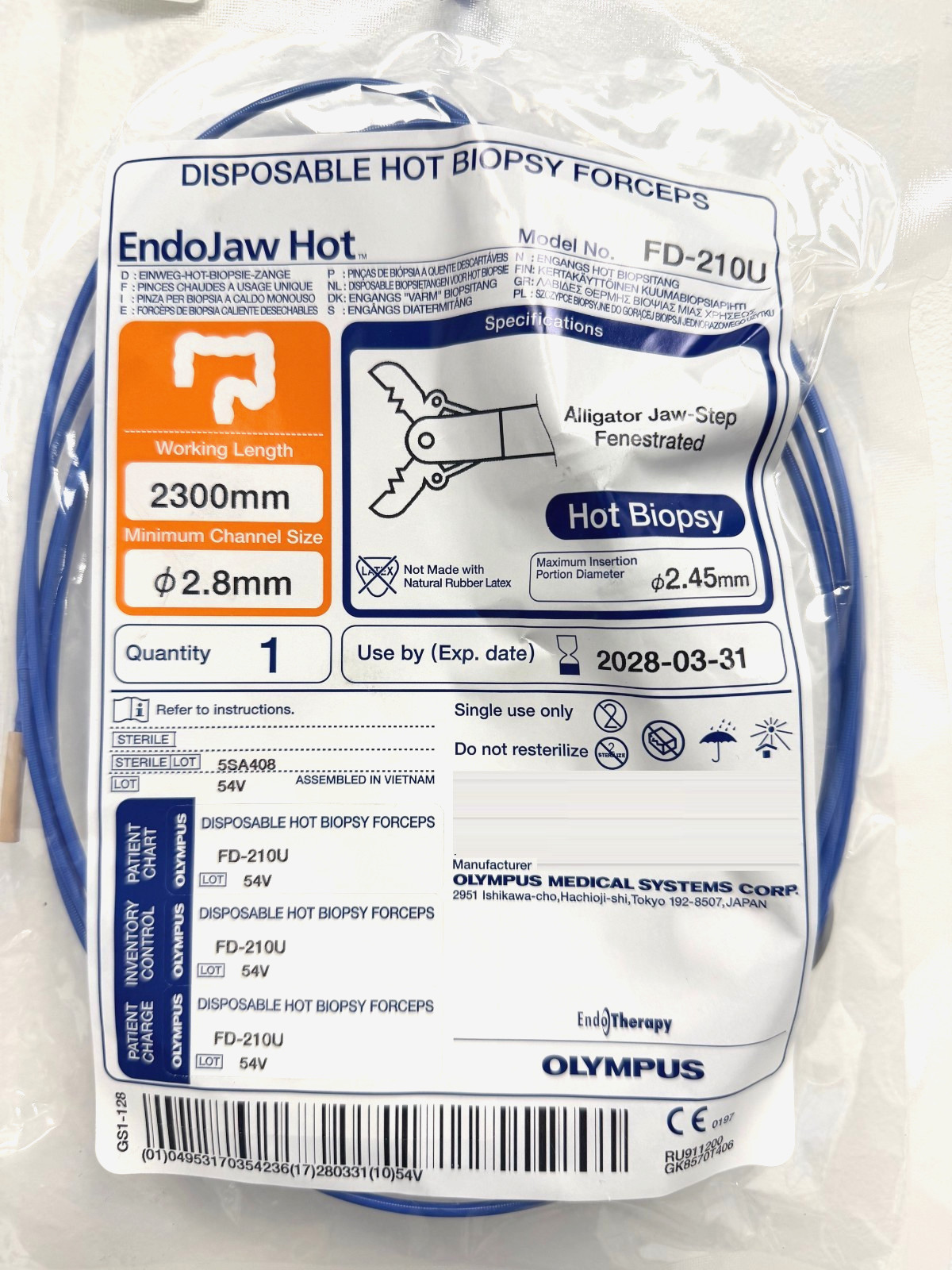 Olympus FD-210U Disposable HOT Biopsy Forceps 2.8mm x 2300mm Alligator Jaw, 2028