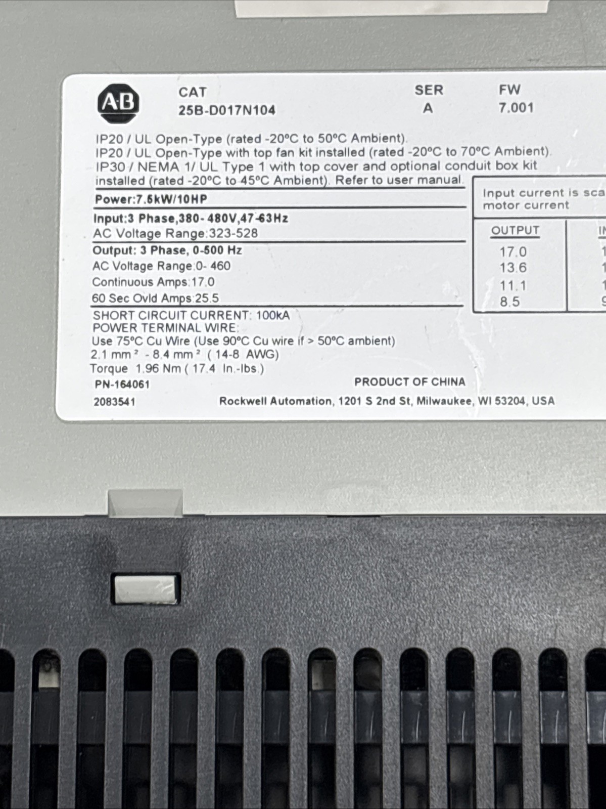 Allen Bradley 25B-D017N104 Powerflex 525 Drive 7.5 KW/ 10hp 323-528VAC READ