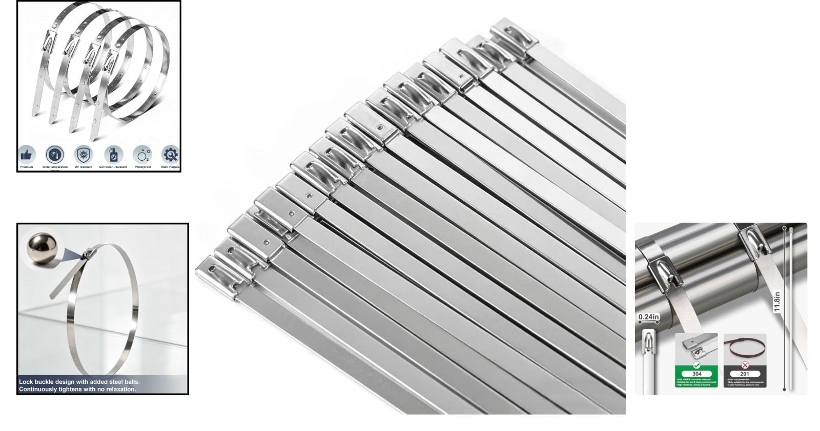 304 Stainless Steel Metal Zip Ties – 50PCS Heavy Duty Self-Locking 11.8 Inch