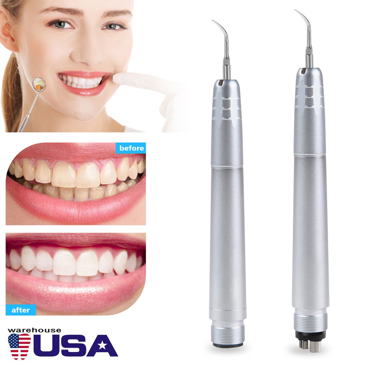 USA Dental Ultrasonic Air Perio Scaler Handpiece Hygienist 2 & 4-Holes 3 Tips CE