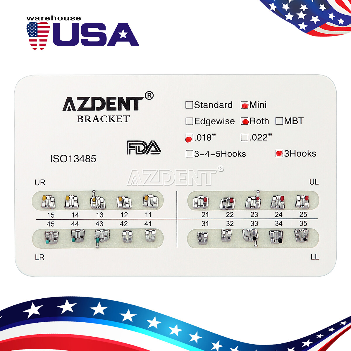 AZDENT Orthodontic Dental Brackets Roth MBT.022/.018 Hooks/Niti Round Arch Wire