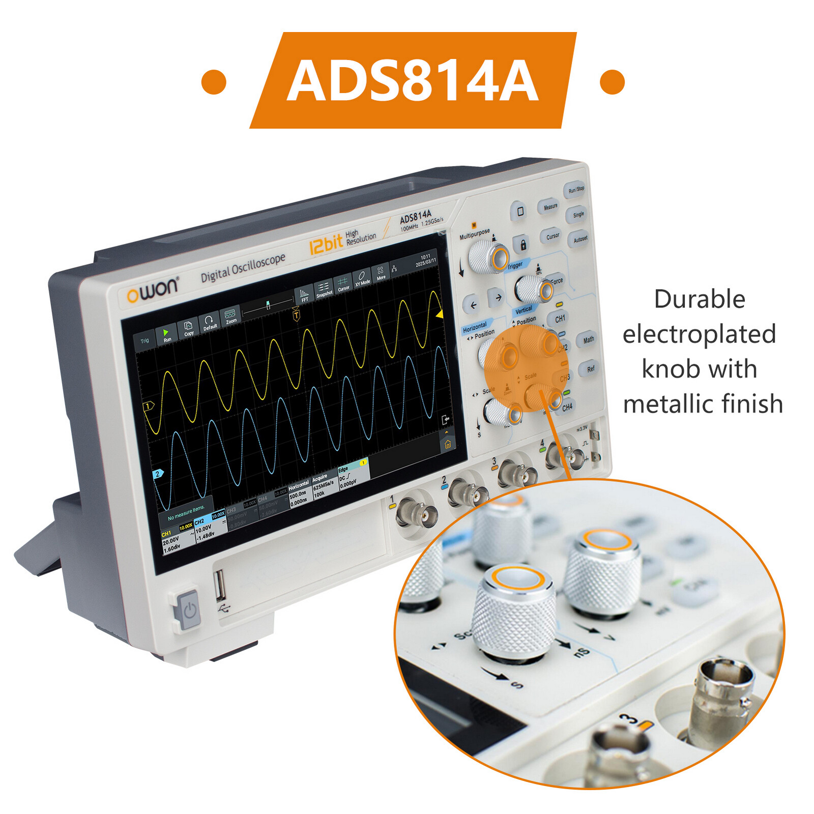 Owon ADS814A 12bits Digital Oscilloscope 100MHz 4CH 1.25GSa/s FFT analysis