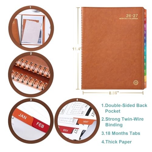 Monthly Planner Jul 24-Dec 25 Leather Cover Twin-Wire 18 Month Planner, Brown