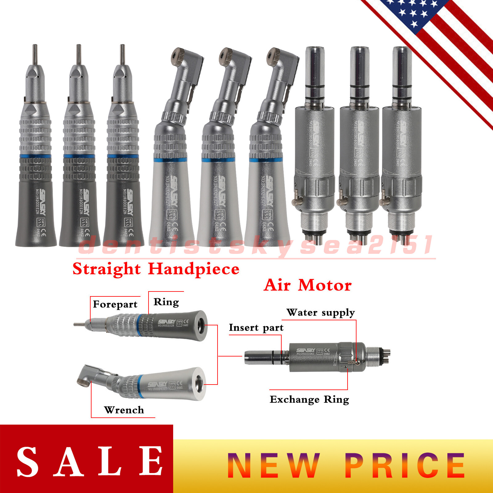 3* Dental Low Speed Air Motor E-Type Contra Angle Straight Handpiece NSK NMP