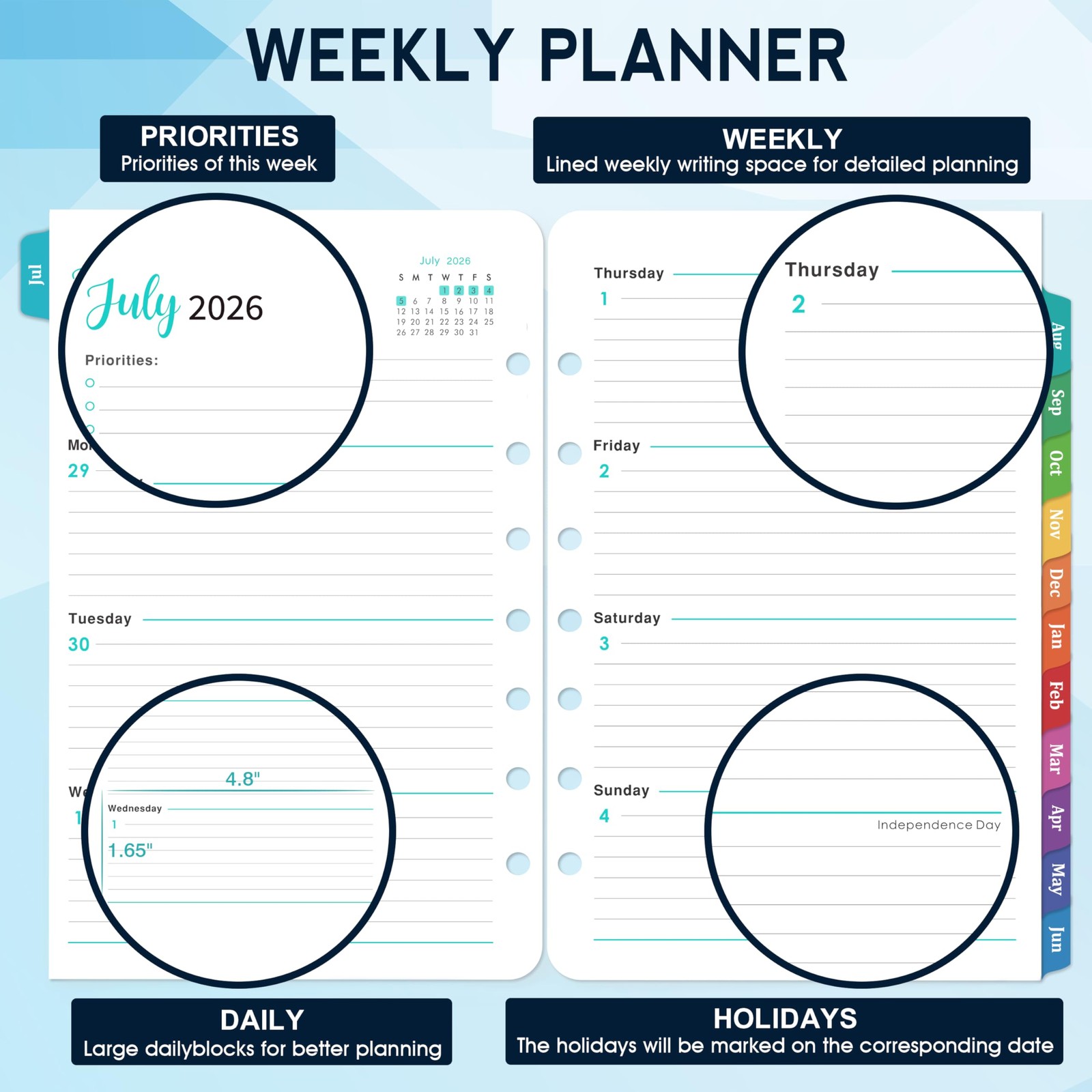 A5 Planner Refills 2026-2027 Weekly Monthly Inserts 7 Hole Jul26-Jun27 Tabs (
