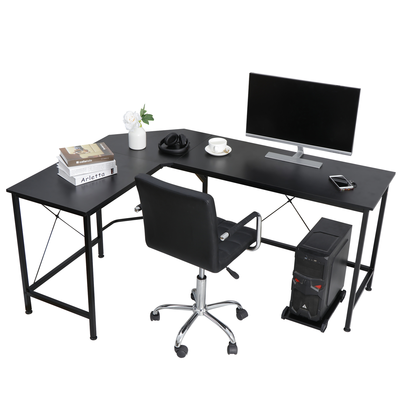 L-Shaped Corner Computer Desk Gaming Desk PC Laptop Table Workstation Black 66″