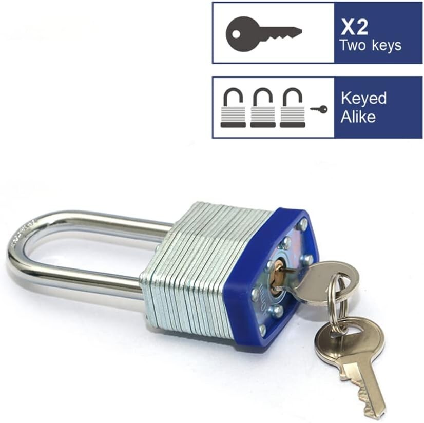 2 pcs 40mm 1-9/16 in Laminated Pad Locks Keyed the Same Alike Long Shackle
