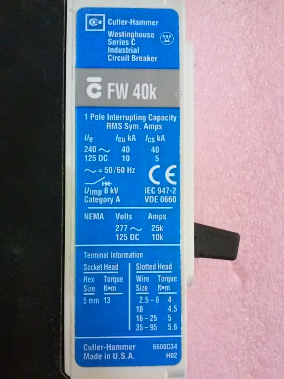 CUTLER HAMMER FW 40K 16A 1 Pole Industrial Circuit Breaker FWF1016L Series C