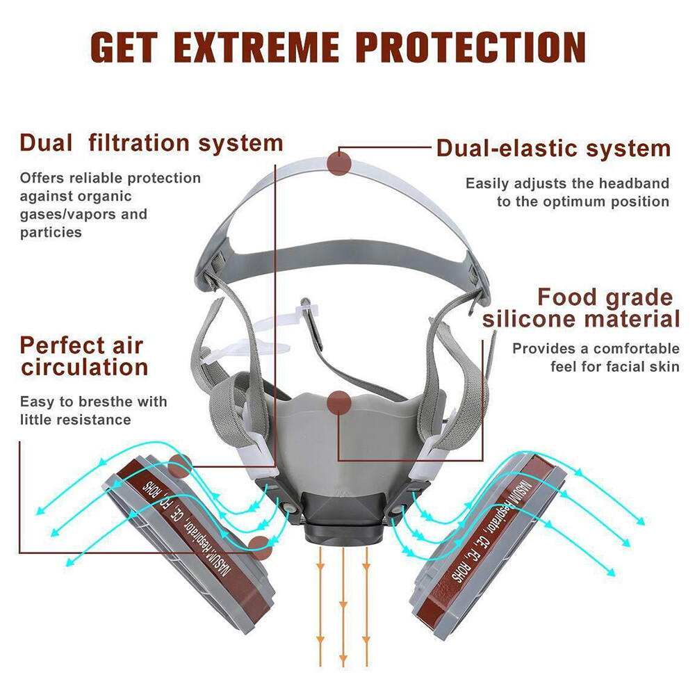 7 IN 1 Gas Mask Half Face Respirator Paint Spray Chemical Facepiece Safety 6200