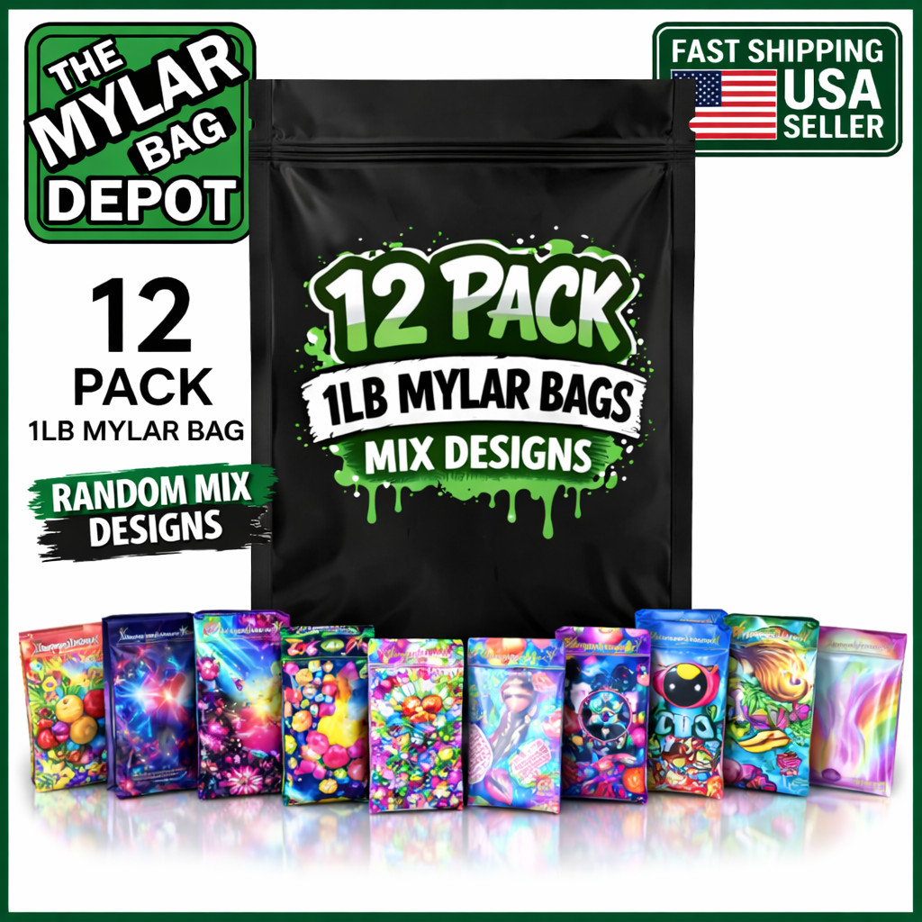 12 Pack 1lb Mylar Bags Assorted Designs 1 pound Smell Proof Resealable Zip bag
