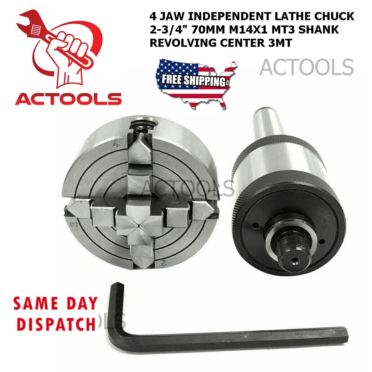 4 Jaw Inependent Lathe Chuck 2-3/4″ 70mm M14X1 MT2 Shank Revolving Center 2MT