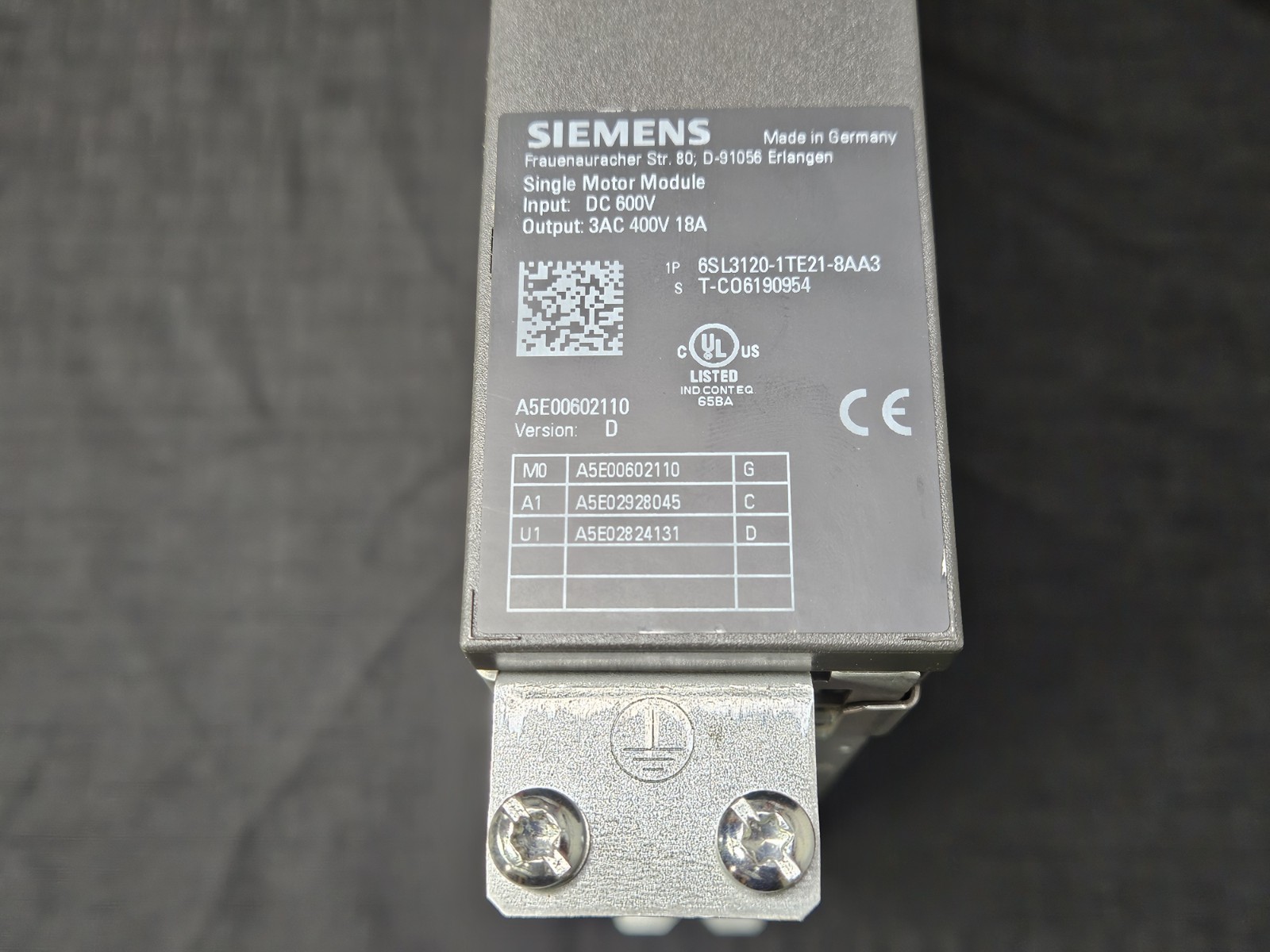 Siemens Single Motor Module 6SL3120-1TE21-8AA3