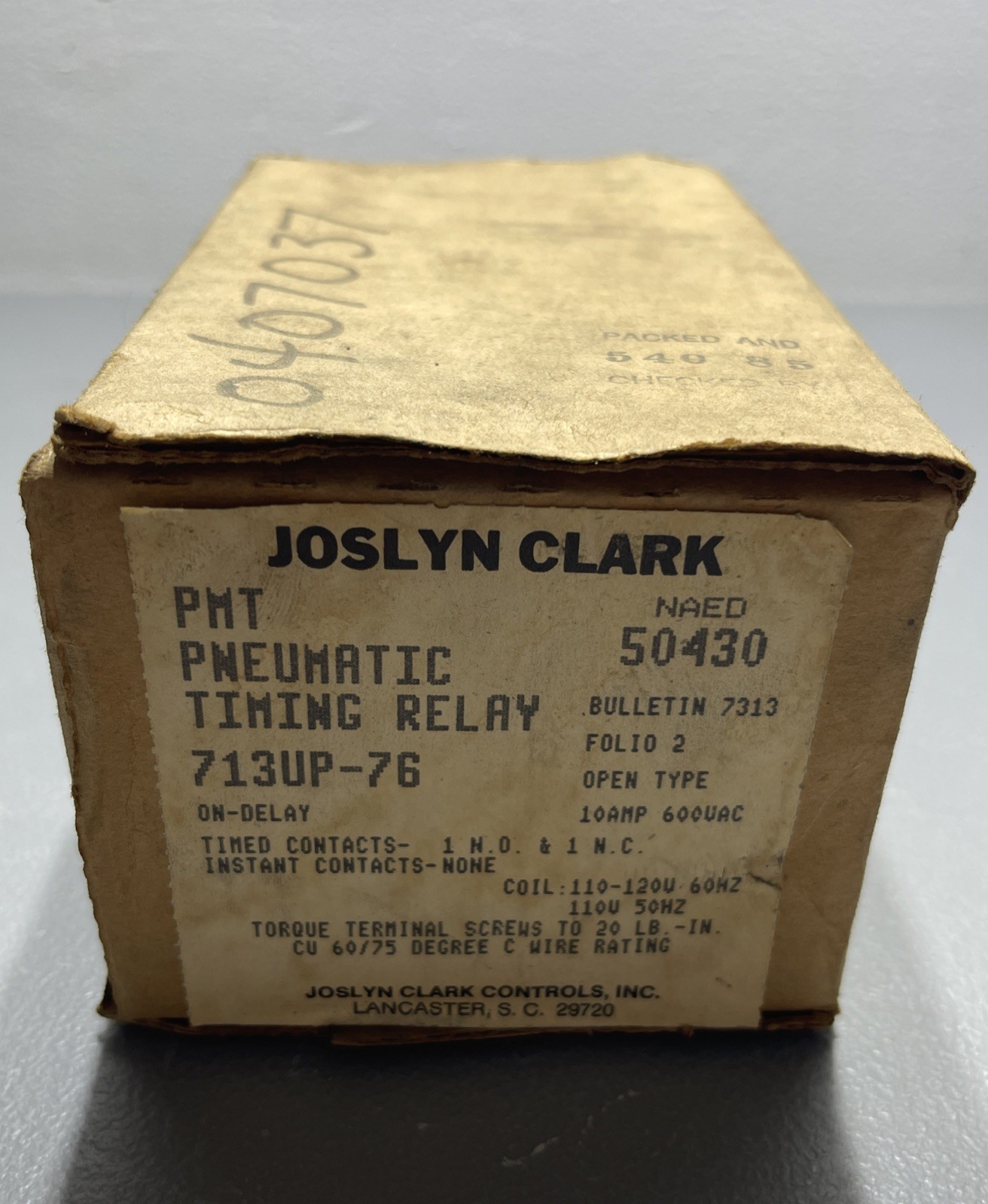 Joslyn Clark 713UP-76 PMT Pneumatic Timing Relay Open Type 10A 600VAC 50430