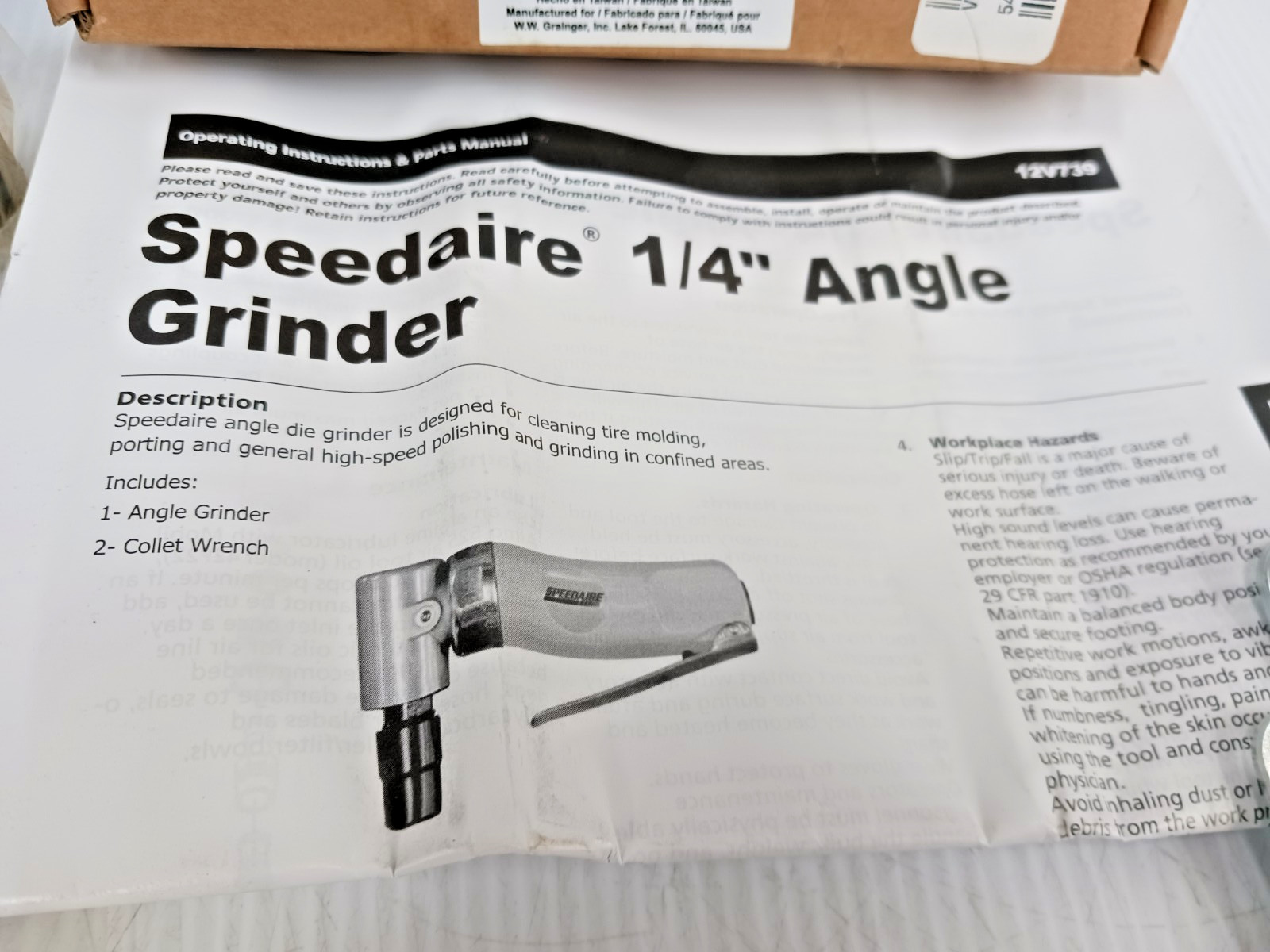 New Speedaire 12V739 Angle Grinder 1/4″ New in Factory Box