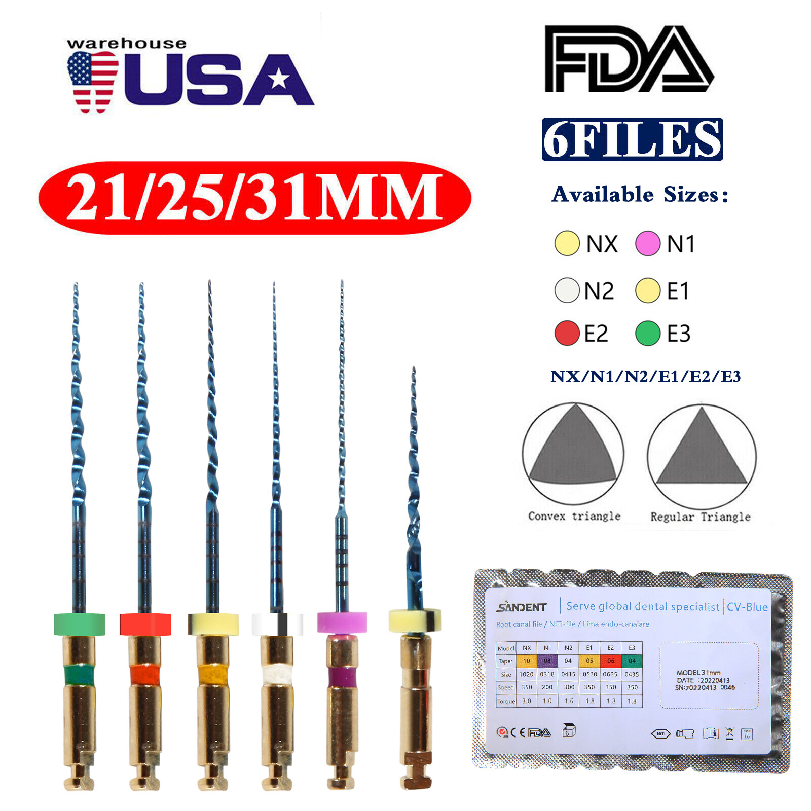 SANDENT Dental Cordless LED 16:1 Endo Motor/ Blue Niti Files Rotary 21/25MM