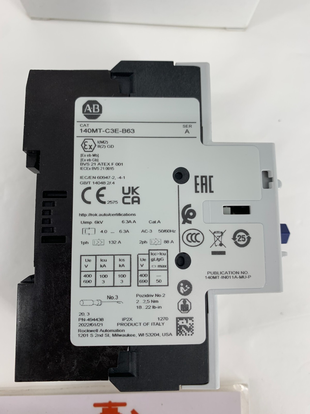 Allen-Bradley 140MT-C3E-B63 Motor Protection Circuit Breaker C Frame 4 6.3A