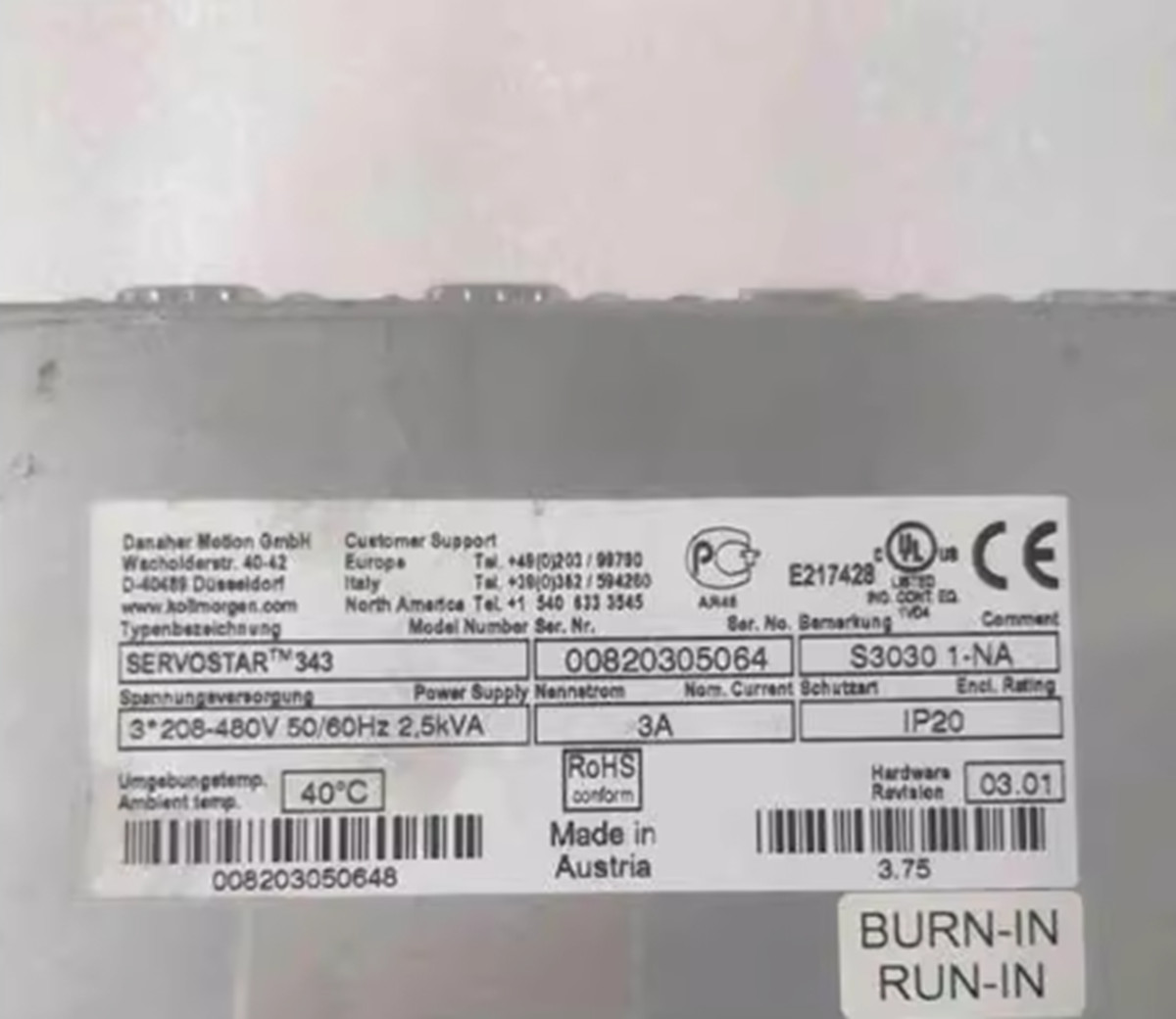 Used & Tested KOLLMORGEN SERVOSTAR 343 S3030 1-NA Servo Drive