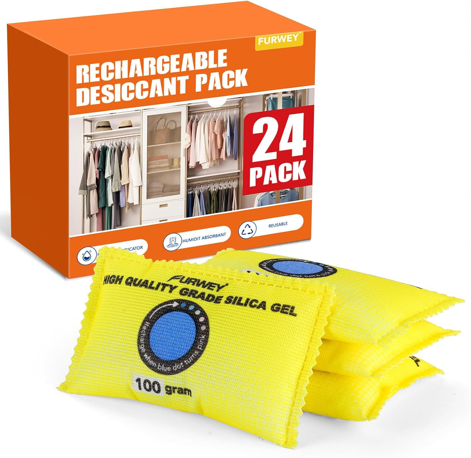 100G (6 Packs) Rechargeable Desiccant Packs for Storage, Color Indicating Silica
