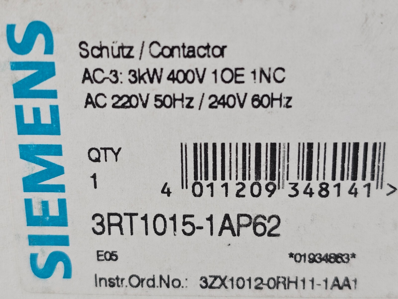NEW Siemens 3RT1015-1AP62 Power Contactor, 3P, 7A, 3Kw, 3RT10151AP62