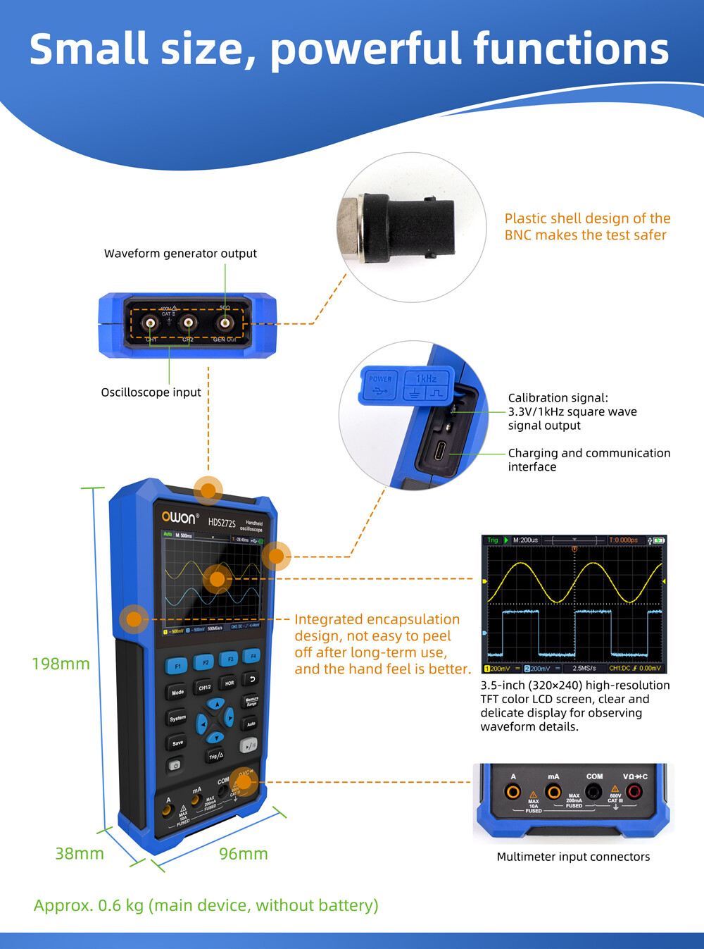 OWON HDS272 3.5″ 2CH Handheld Oscilloscope 70MHz Bandwidth 20000 Counts 0-2V