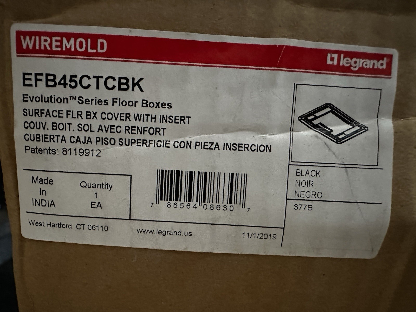 🔴Wiremold EFB45CTCBK EVOLUTION SERIES FLOOR BOX SURFACE COVER BLACK‼️