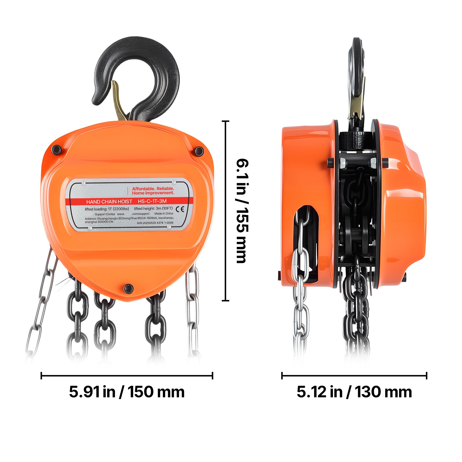 Uimoso Manual Chain Hoist 2200 lbs Capacity with 10 ft G80 Load Chain
