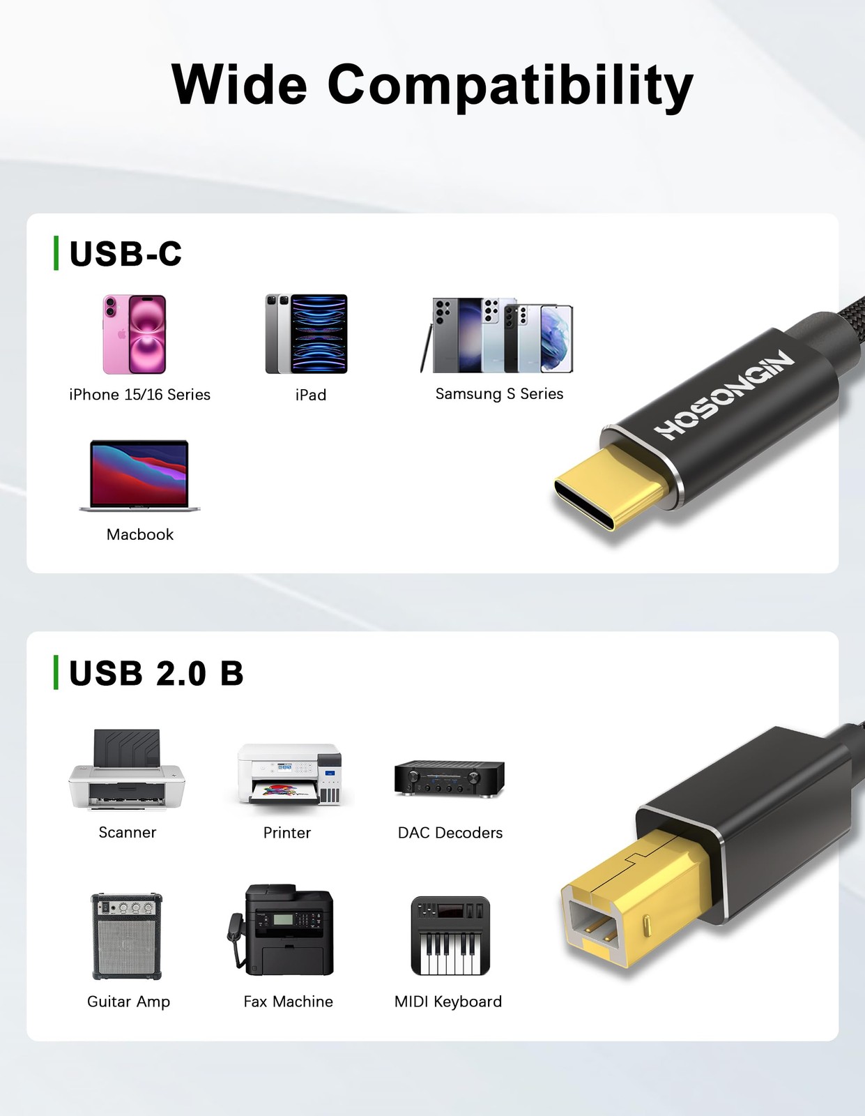 HOSONGIN USB B to USB C Printer Cable 6FT,Type B to Type C Cord for PC,USB C …