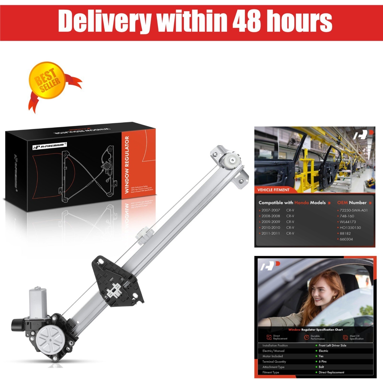 A-Premium Electric Power Window Regulator with Motor for Honda CR-V 2007-2011