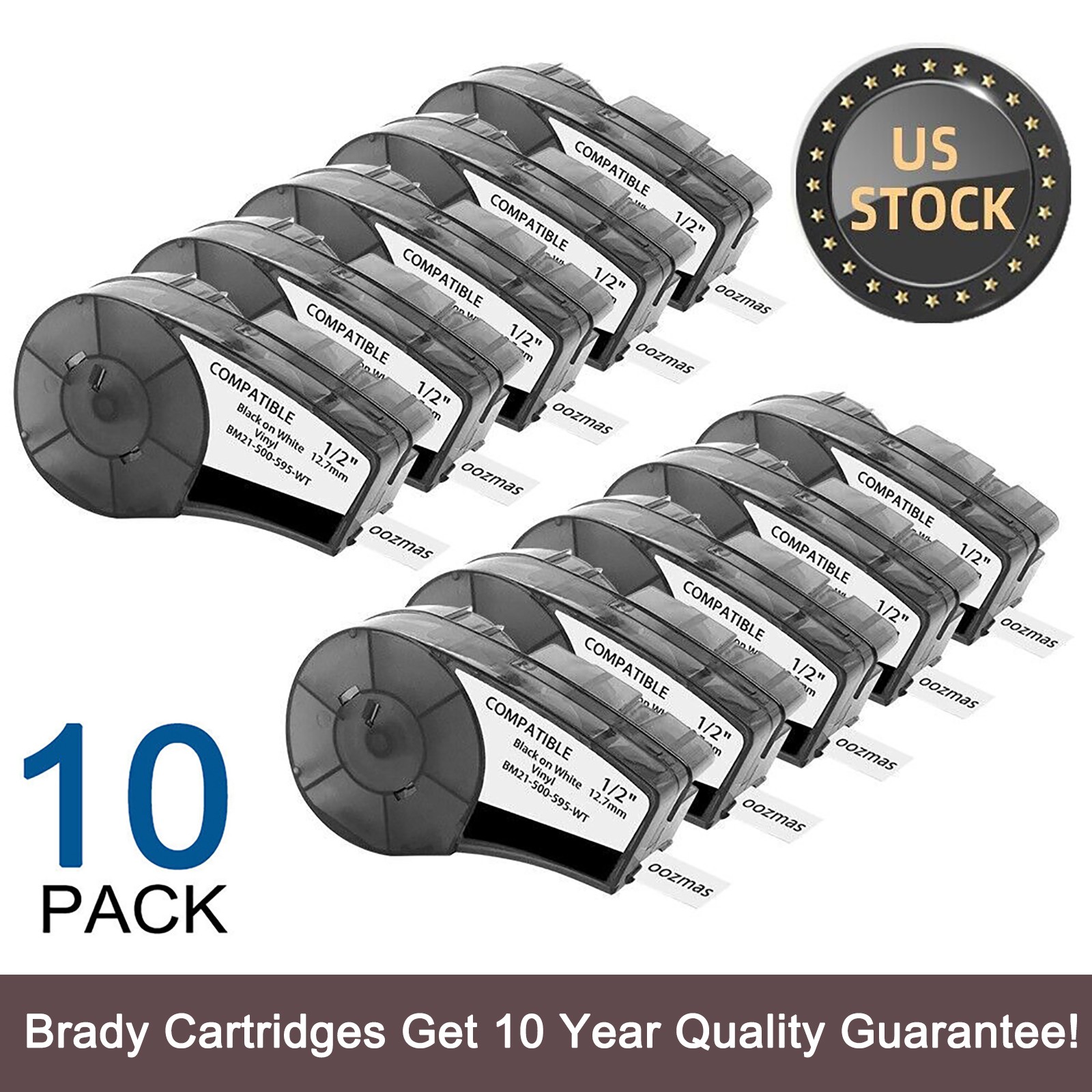 10PK For Brady BMP21-PLUS M21-500-595-WT Label Cartridge Black/White 1/2″ x 21′
