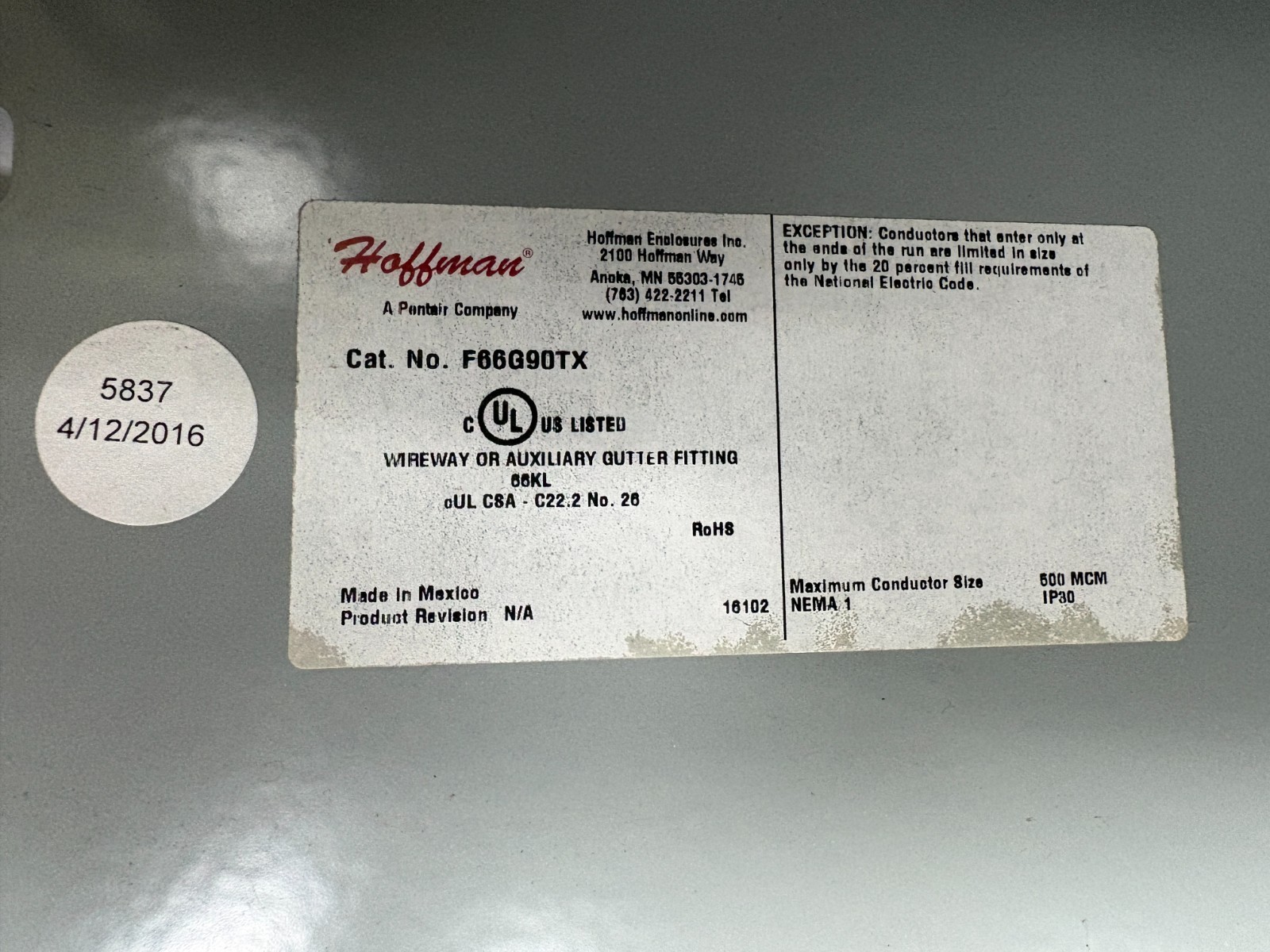 One (1) Hoffman F66G90TX 90° Elbow-Cross-Tee, 6″ x 6″ (52400) Mexico NEW