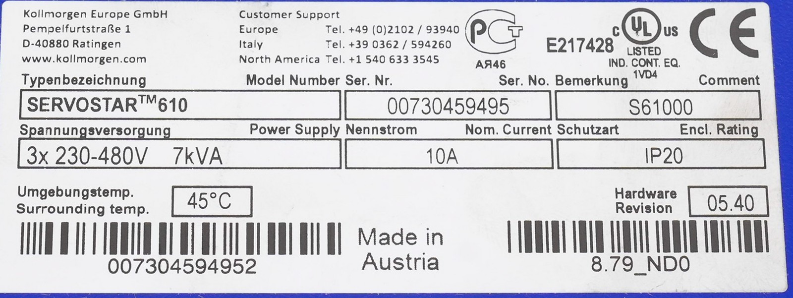 Kollmorgen Servostar 610 S61000 Digital Servo Drive 3x 230-480V 7kVA 10A
