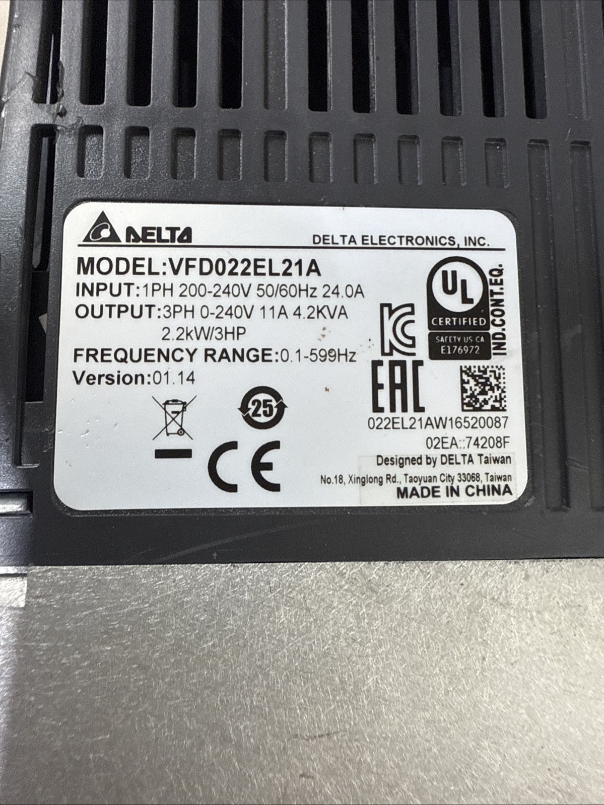 Delta VFD022EL21A AC Drives, 3Hp, 230V Single Phase Input