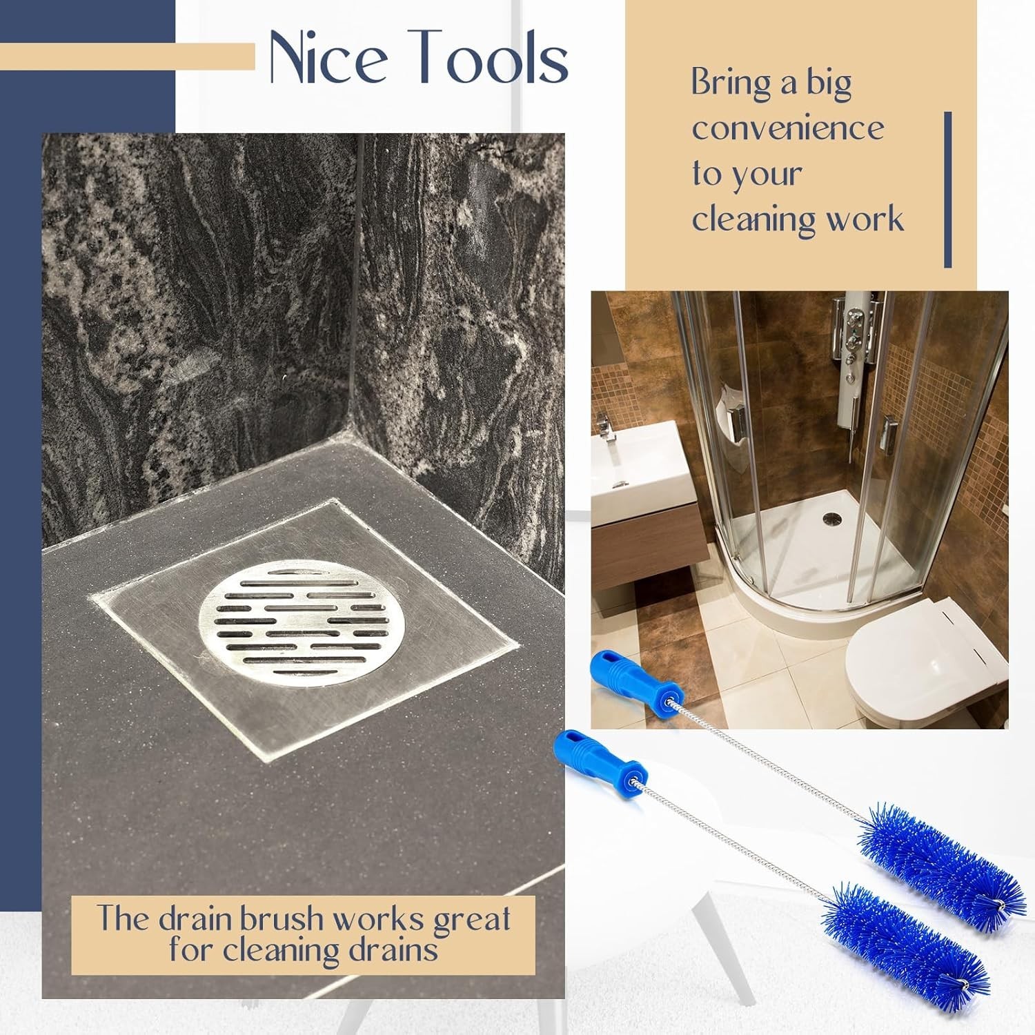 2 Pack Flexible Drain Brush Set – 19.7″ Pipe Cleaning Tool for Shower & Tub