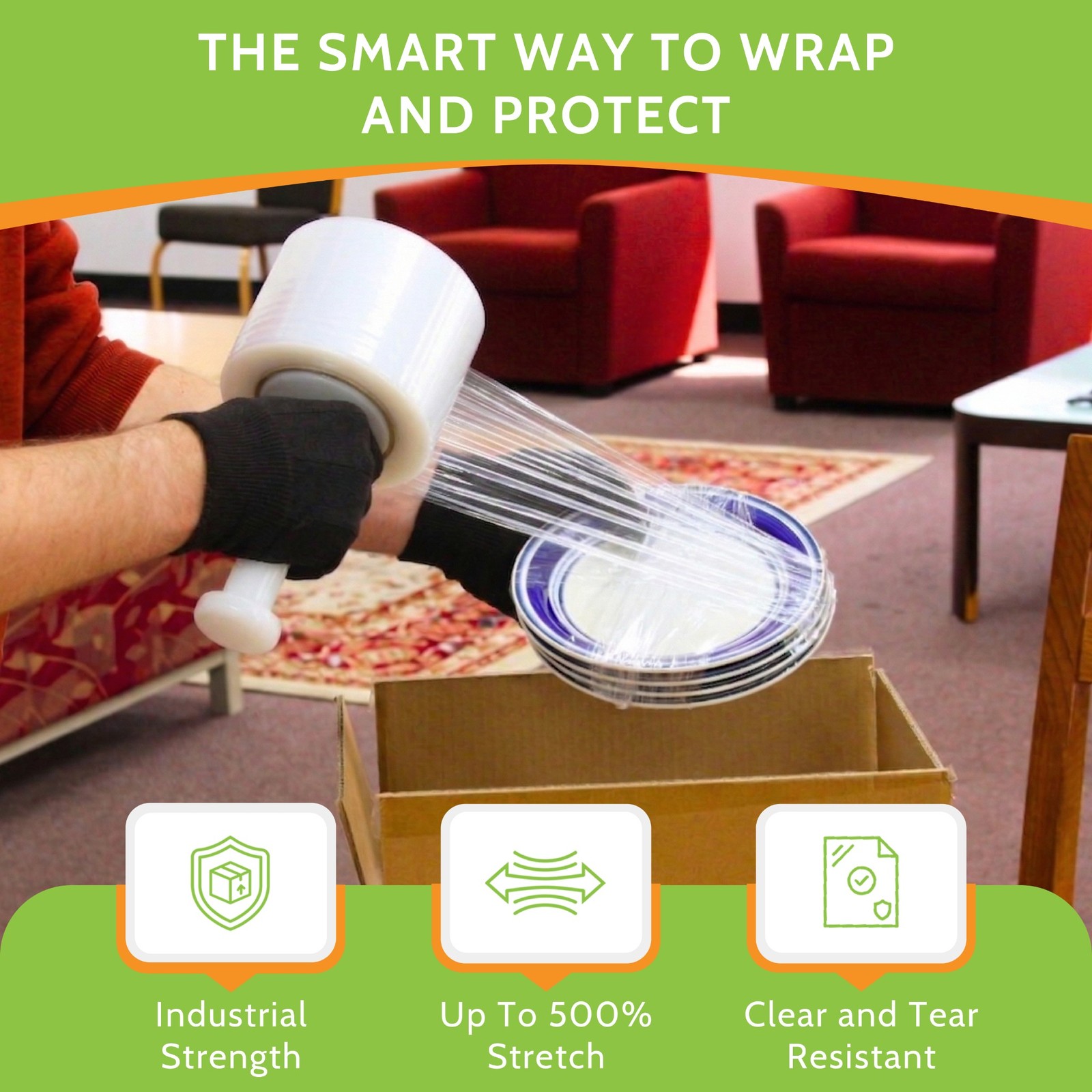 12 Rolls 5″ x 700 ft Clear Hand Wrap Stretch Shrink Film With Handle 120 Ga