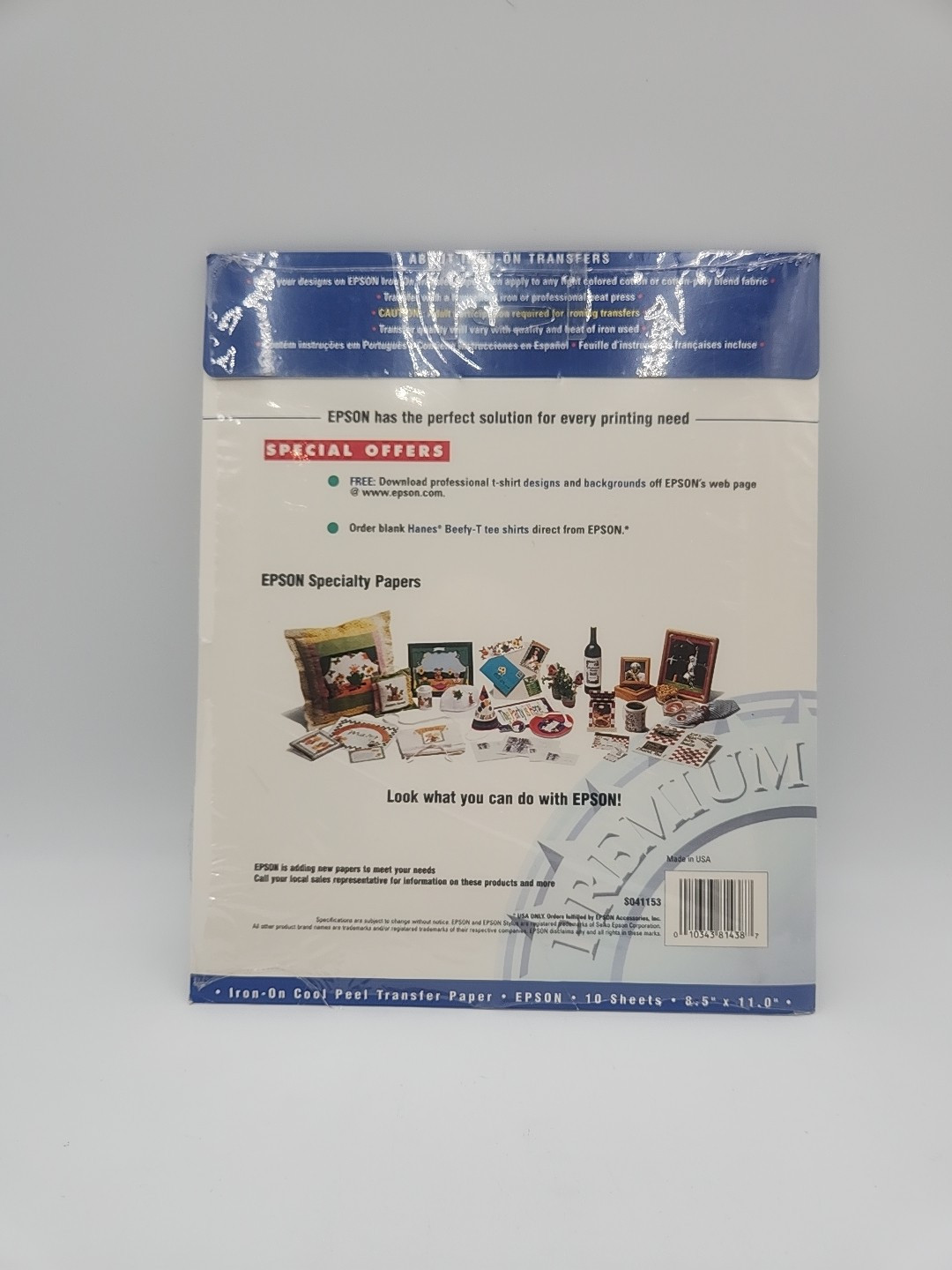 Epson Iron-on Cool Peel Transfer Paper, 8.50″ x 11″ – 10 Sheets – NIP