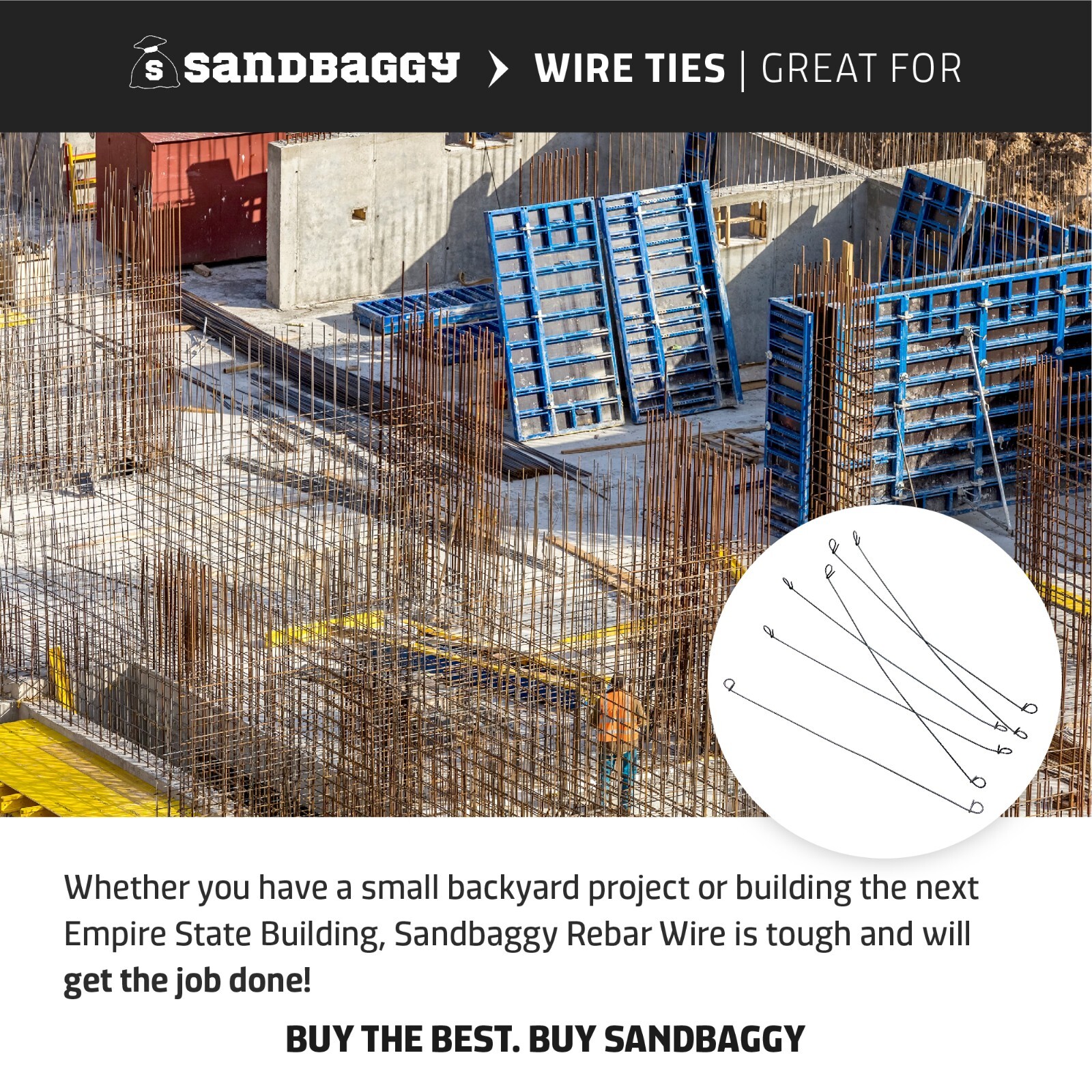 Sandbaggy Double Loop Rebar Wire Bar Ties – 12″ or 18 Inch Length – 16 Gauge