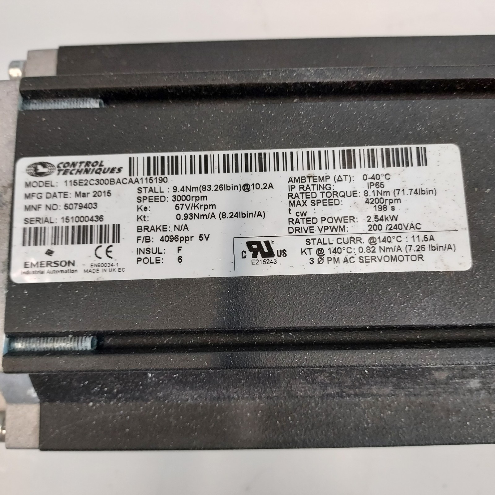 Emerson Control Techniques Unimotor Servo Motor 115E2C300 With Drive & Software