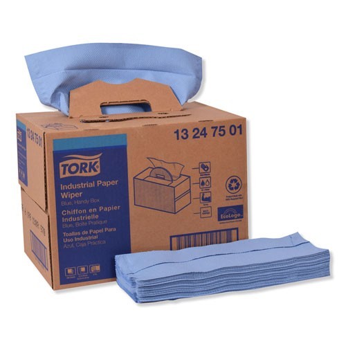 Tork Industrial Paper Wiper, 4-Ply, 12.8 x 16.5, Unscented, Blue, 180/Carton