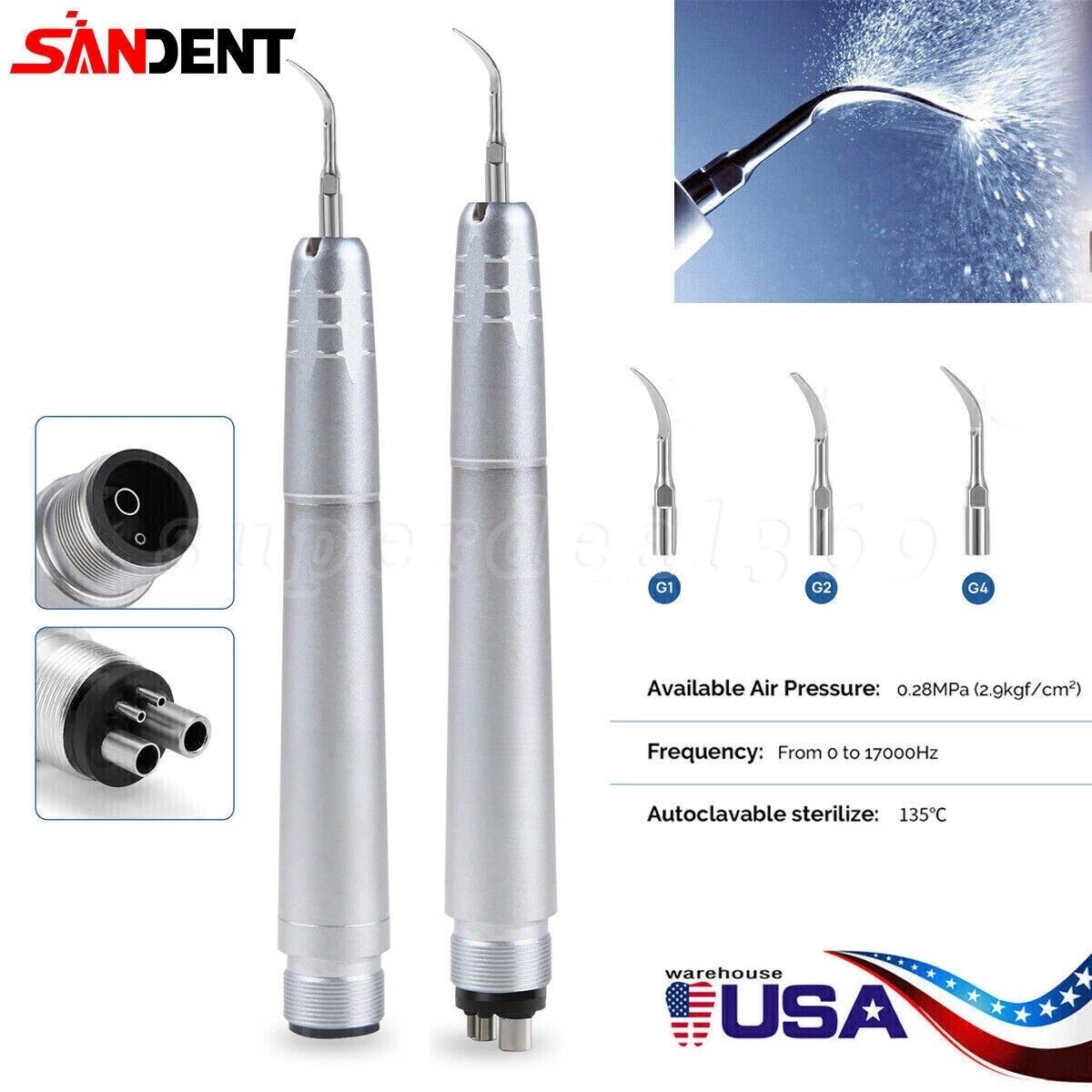 USA Dental Ultrasonic Air Perio Scaler Handpiece Hygienist 2 & 4-Holes 3 Tips CE