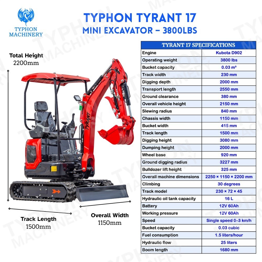 TYRANT 17 Mini Excavator Kubota D902 Engine Side Swing with 12 attachments
