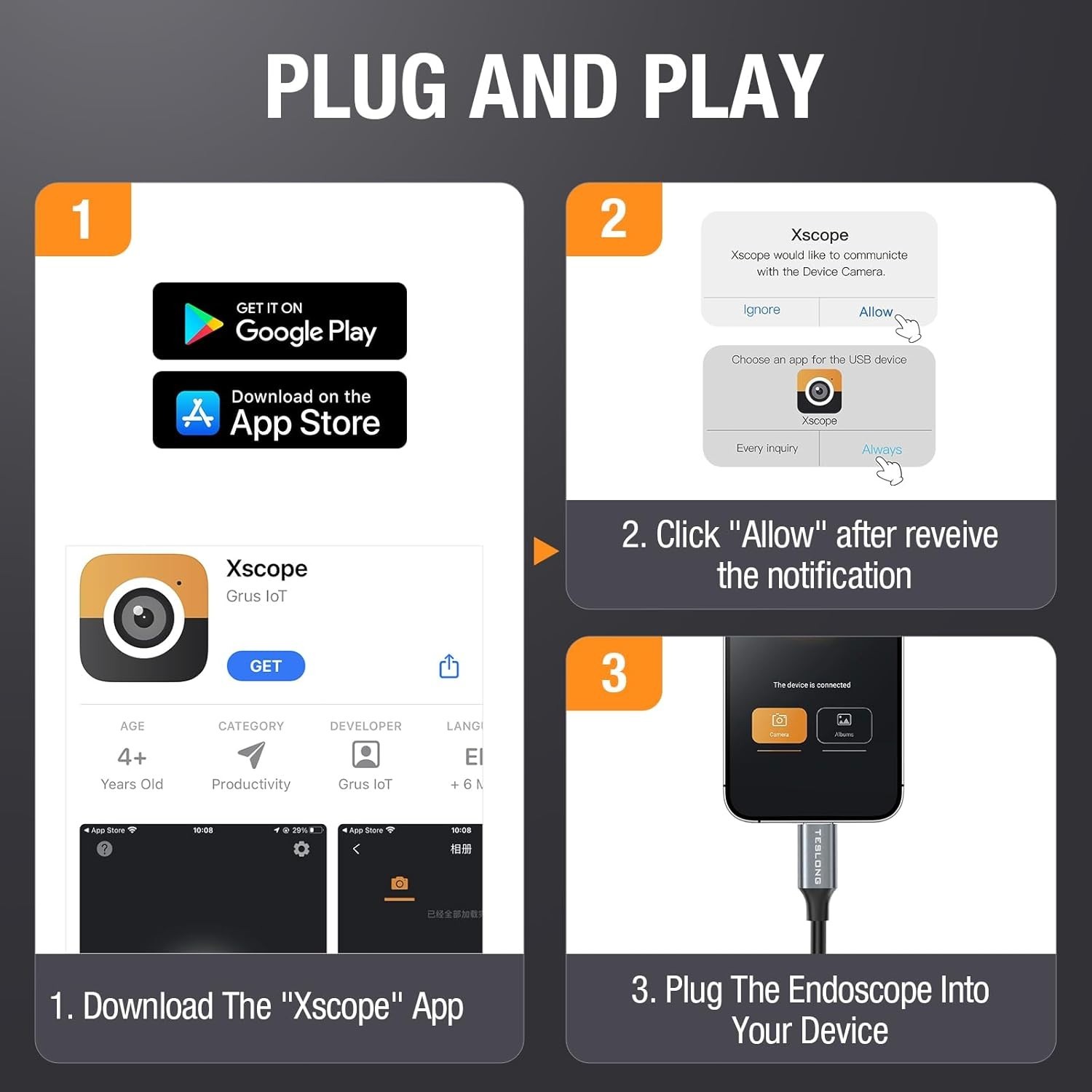 10FT / 50FT USB C Endoscope Camera Compatible with iPhone 15/16, Android Phone