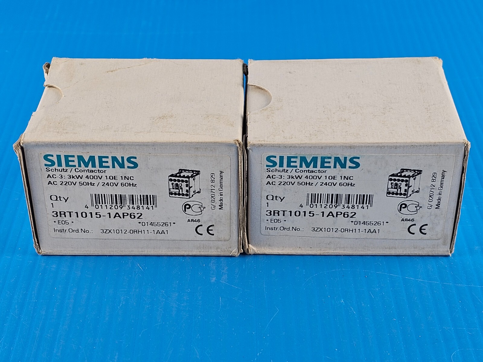 NEW Siemens 3RT1015-1AP62 Power Contactor, 3P, 7A, 3Kw, 3RT10151AP62 Lot of 2