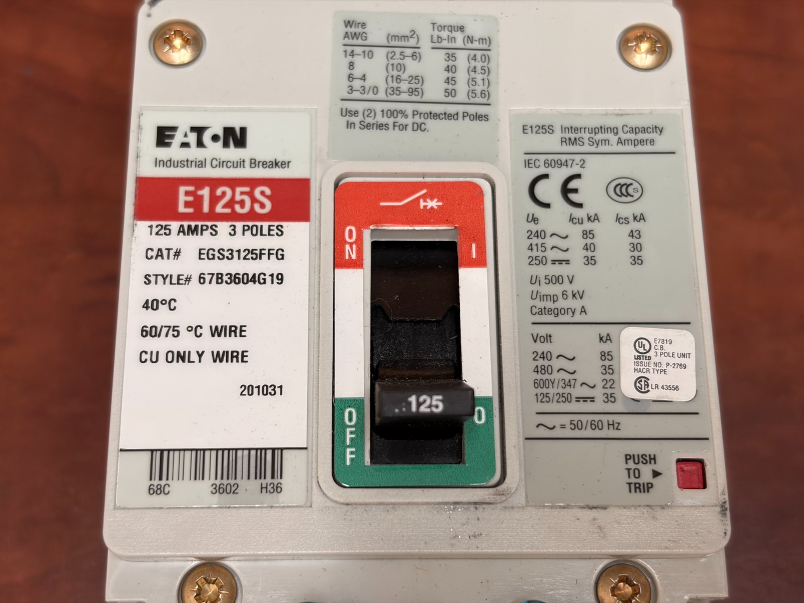 Eaton EGS3125FFG Series G / 125A / 480 VAC / 3 Pole Industrial Circuit Breaker