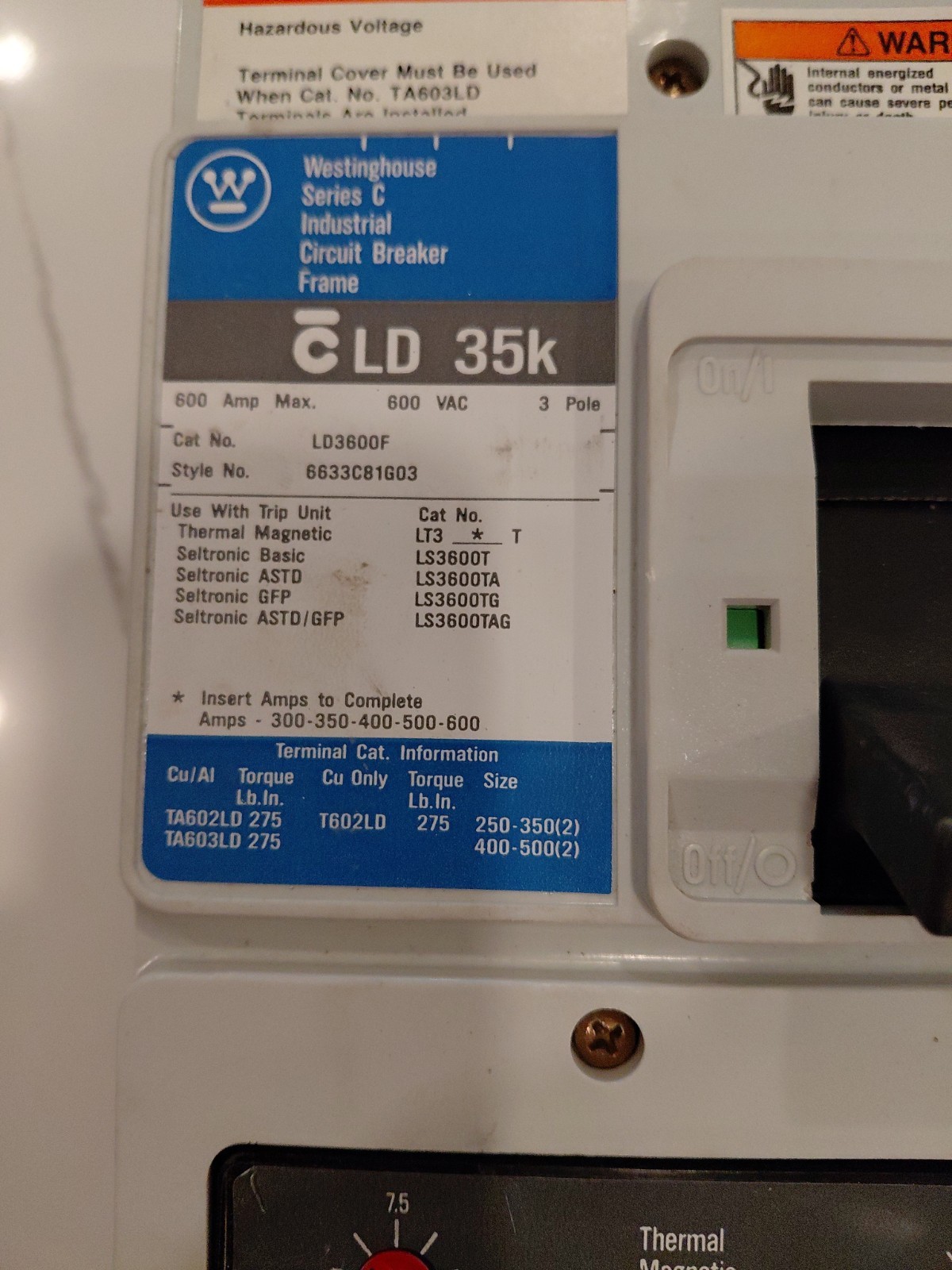 Westinghouse LD3600F 600Amp 600Volt 3Pole Bolt-On Breaker w/ 500Amp Trip Unit