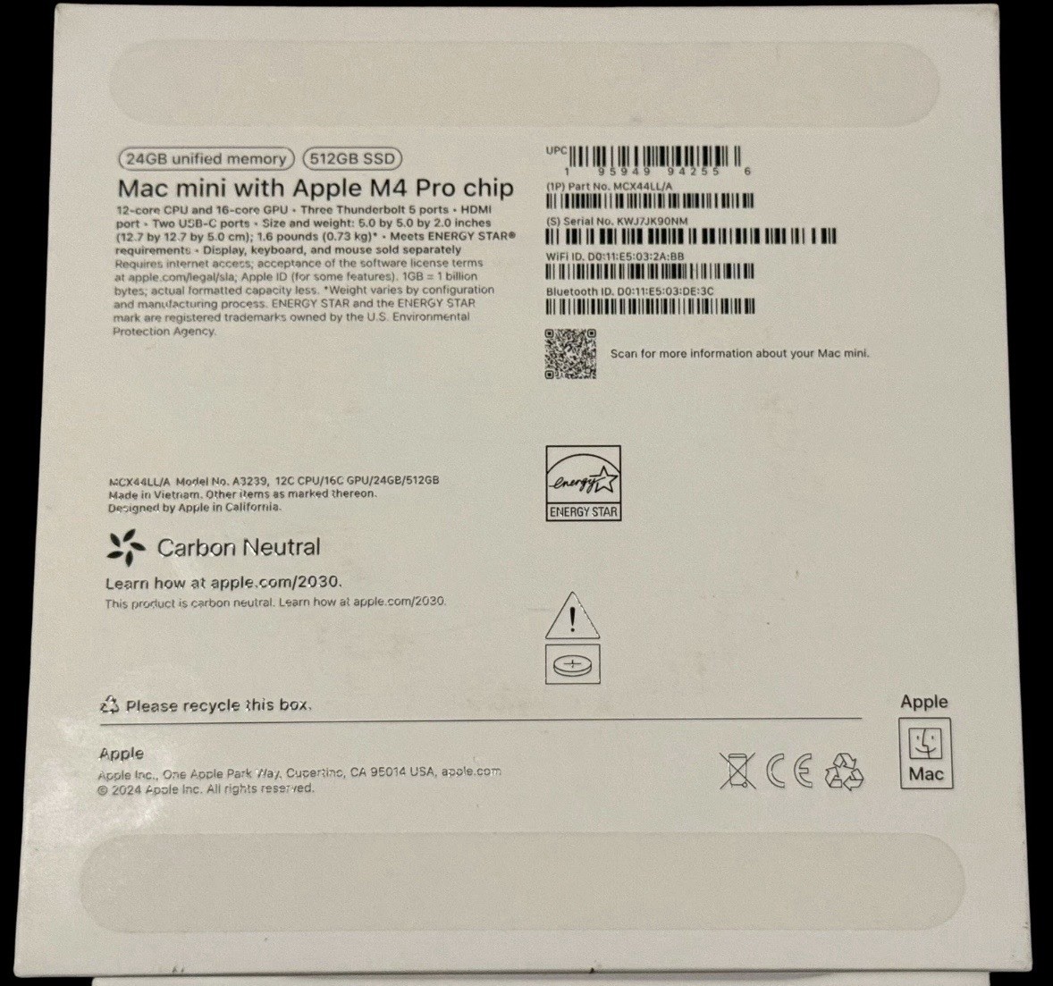Apple Mac mini M4 Pro 24GB RAM 512GB SSD Silver 2024 HDMI USB-C MCX44LL/A