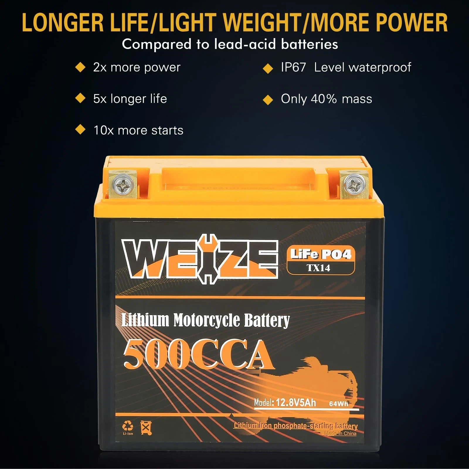 Weize Lithium YTX14-Bs Group 14 500CCA Life PO4 Motorcycle Battery 12V 5Ah ATV