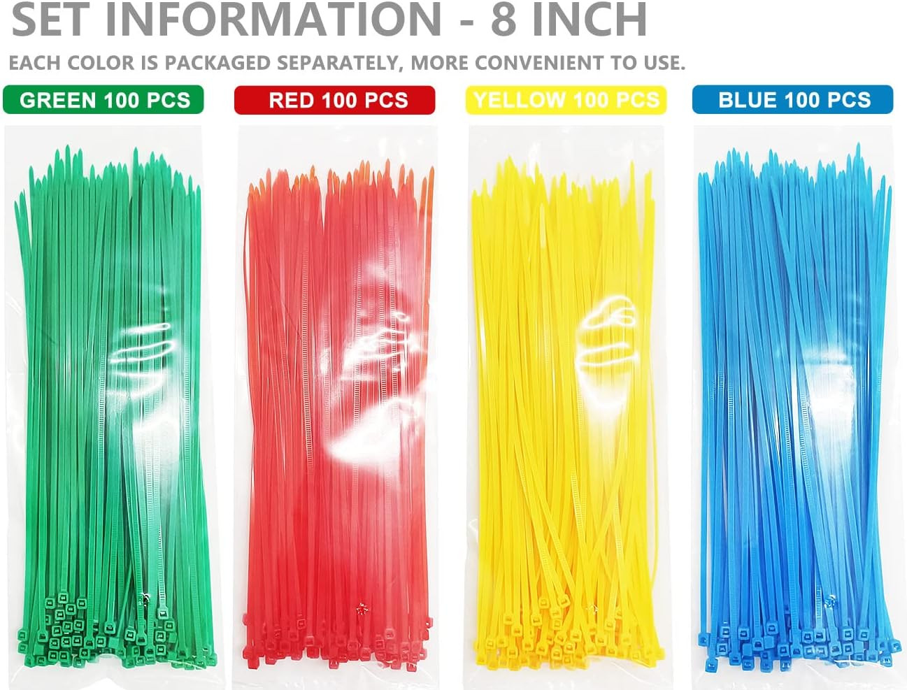 400Pack 8 Inch Multi Colors Heavy Duty Cable Zip Ties for Indoor and Outdoor Use